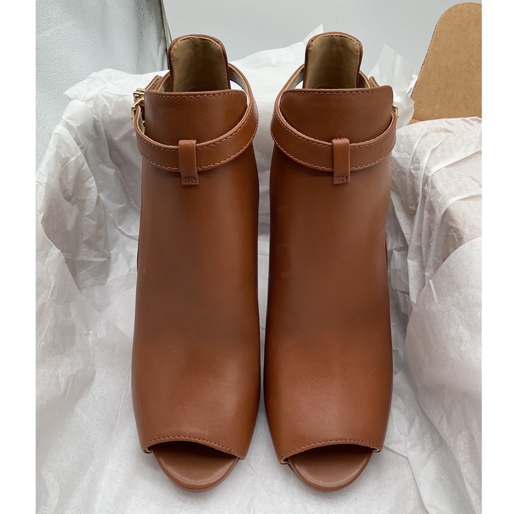 Michael Kors‎ Cognac Brown Leather Peep Toe Ankle Boots MK Logo Buckle Stiletto
